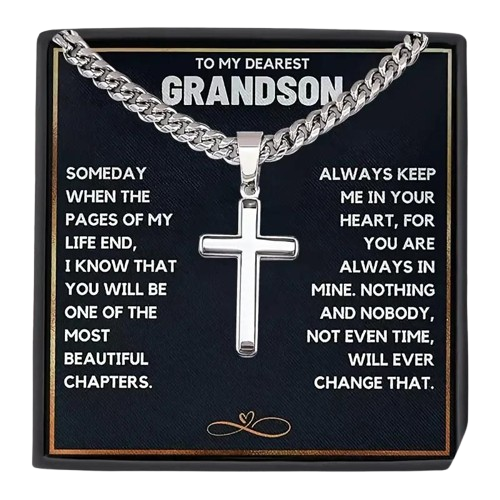 To My Dearest Grandson Cross Pendant Necklace – Stainless Steel Cuban Chain, Perfect for Birthday, Graduation, Valentine's Day, and Christmas Gifts, Includes Card & Gift Box