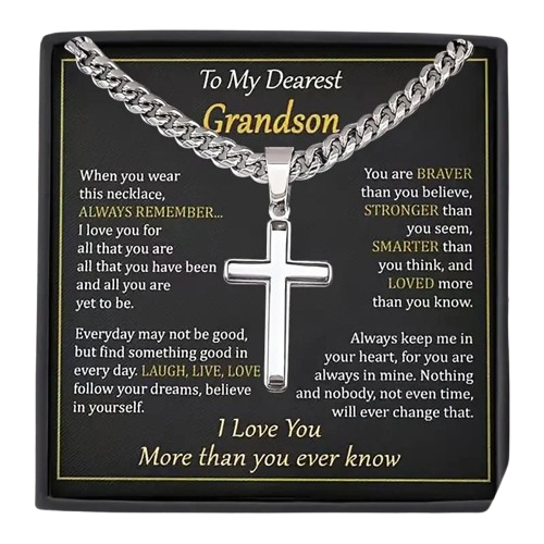 To My Dearest Grandson Cuban Chain Cross Pendant Necklace – Meaningful Birthday, Graduation, and Christmas Gift